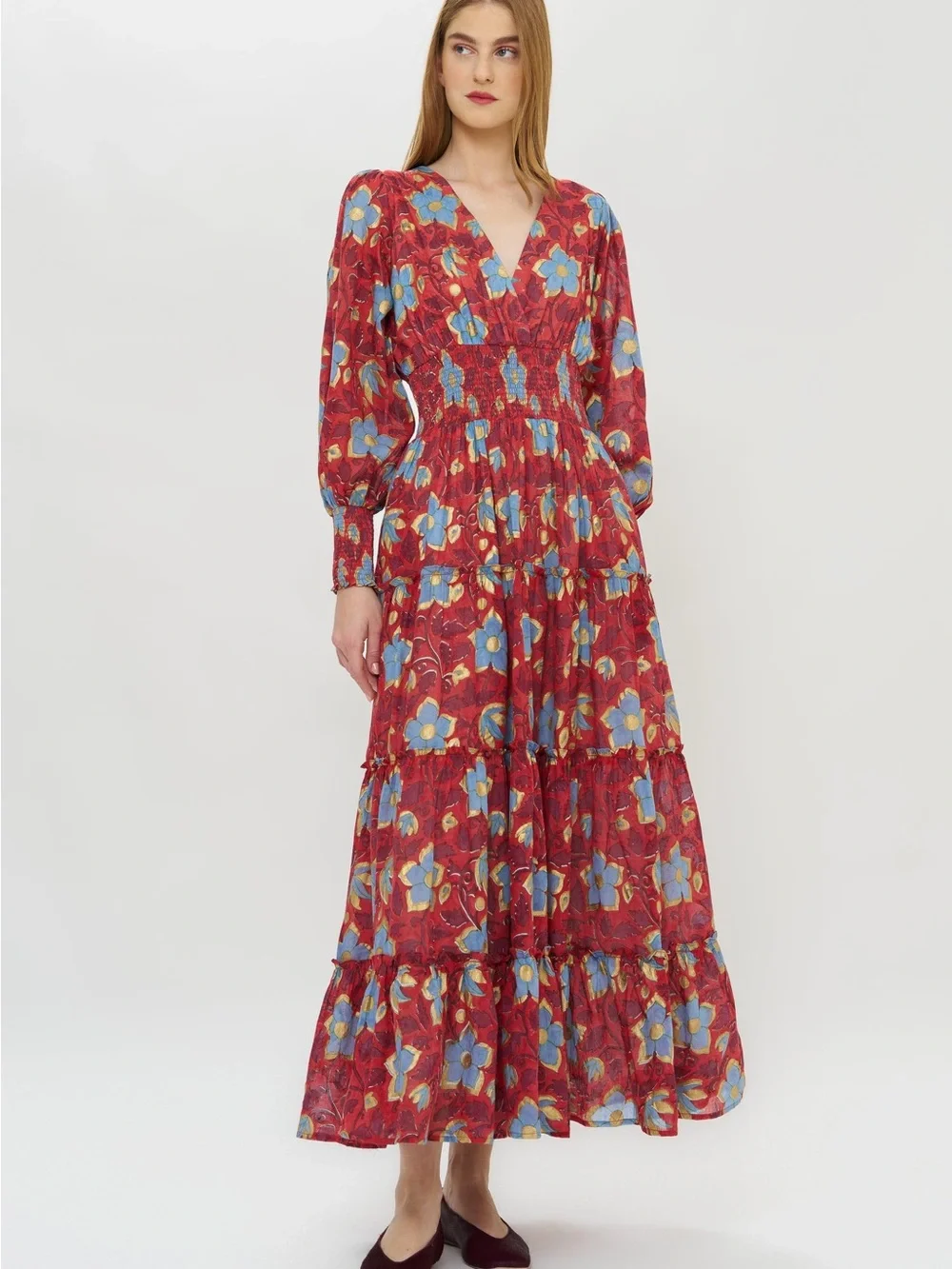 Oliphant V-Neck Smocked Waist Midi Dress Womens M Kildare Red NWT Floral Gold